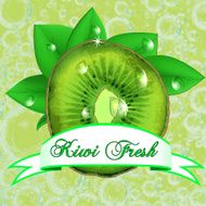 Juicy fresh kiwi with leaves drops and ribbon Vector
