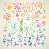 Hand drawn colorful rainbow flowers with leaves and herbs