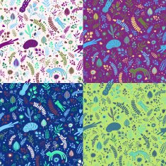Seamless pattern with floral elements and cartoon cats