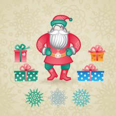 Jolly Santa Claus with a gifts and snowflakes