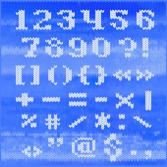 Knitted vector alphabet white bold serif numbers and punctuation