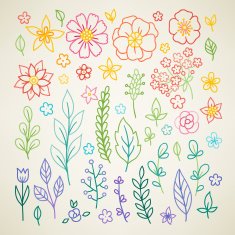 Hand drawn colorful rainbow flowers with leaves and herbs