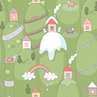 Seamless pattern with cartoon houses on hills