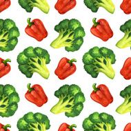 Watercolor seamless pattern with broccoli and bell pepper