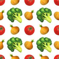 Watercolor seamless pattern with broccoli onion tomato