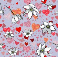 Cheerful holiday seamless pattern with white flowers and small hearts