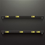 Dark Pegboard Background with shelves and price tags