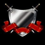 Ancient silver shield with two swords and red ribbon