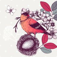 Vintage sketch of red bird in nest
