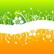 White floral design on green and orange background