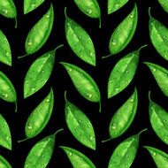Watercolor seamless pattern green leaves with water drops dew