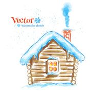 Winter house Watercolor illustration