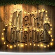 Christmas Background with lights garland snow on wooden Wall