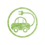 Green ecological electric car sign with pixel print halftone