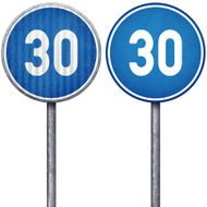 Two blue minimum speed limit 30 circular road signs