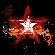 red star on black background and orange grunge flowers ornament N2