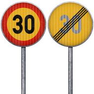 Two yellow and red maximum speed limit 30 road signs