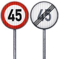 Two red and white maximum speed limit 45 road signs