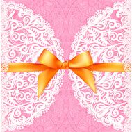 Pink lacy wedding card with orange silky bow N2