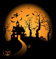 Halloween night orange background with witch and pumpkins N2