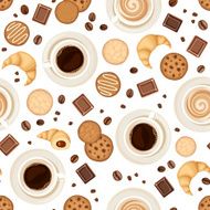 Seamless background with coffee cups beans cookies croissants and chocolate N2