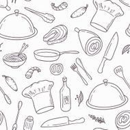 Outline seamless pattern with hand drawn food Background in black N2