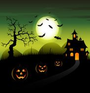 Halloween night green backdrop with castle and pumpkins