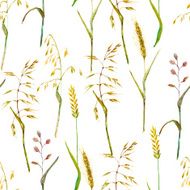 Hand drawn watercolor meadow grass seamless pattern on white