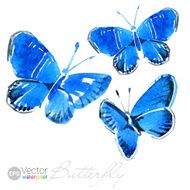 Vector Watercolor Blue Butterflies Illustration Set