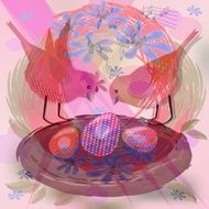 Pretty background with cute red birds by nest eggs