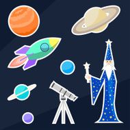 magician astrologer and space objects Bright funny cartoon illustration