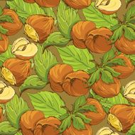 Seamless pattern with hand drawn hazelnuts on brown background