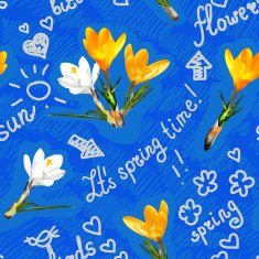 Spring seamless pattern with realistic colors crocuses and scribbles N2