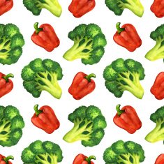 Watercolor seamless pattern with broccoli and bell pepper