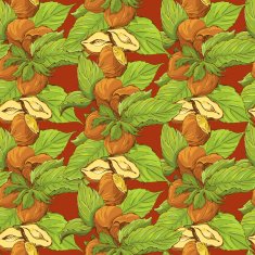 Seamless pattern with highly detailed handdrawn hazelnuts on brown background