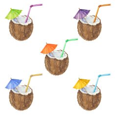 Seamless pattern with coconut cocktail painted in watercolor Vector background