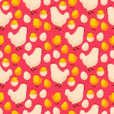 Easter seamless pattern with chicks hens and colorful eggs
