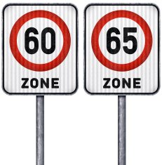 Two rectangular speed limit zone 60 and 65 road signs