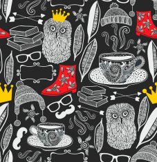 Seamless pattern with cute owl in crown N2