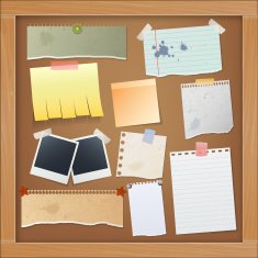 Bulletin board with photos and paper notes