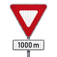 Blank triangular road sign with 1000 meters ahead to hazard