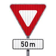 Blank triangular road sign with 50 meters ahead to hazard