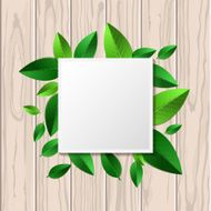 Wooden texture background and square green leaf frame Vector illustration
