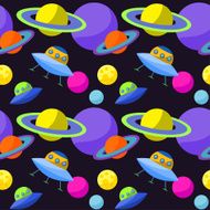 Bright cosmic seamless pattern background with cartoon ufo and planets N2