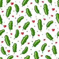 Simple seamless pattern Green plants red hearts and dots Vector N2