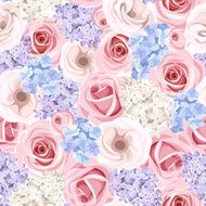 Seamless pattern with pink roses and lilac flowers Vector illustration