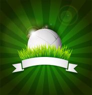 Volleyball ball on field grass with white ribbon