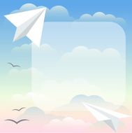 paper airplane floating in the sunset sky among clouds