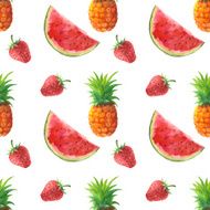 Watercolor seamless pattern with pineapples watermelons and berries