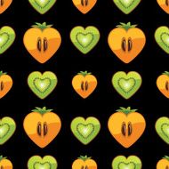 Seamless pattern of kiwi persimmon in Heart on black background